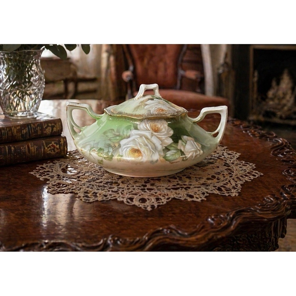 Tirschenreuth Bavarian Handpainted Porcelain "Bridal Rose" Sugar Bowl Germany